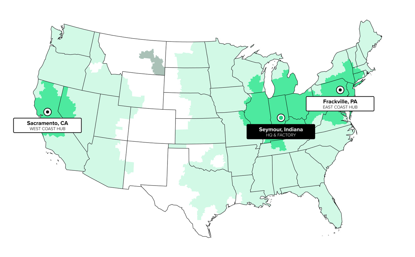 Map of the United States showing Guardian Bikes shipping hubs and delivery coverage.